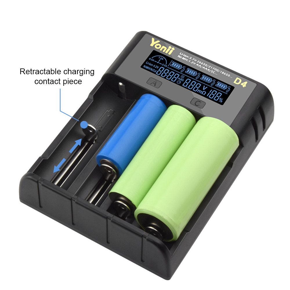 YONII D4 Acculader Universeel 4-Slot LCD voor 18650, 21700, AA, AAA Li-ion/Ni-mh met USB & NL Handleiding