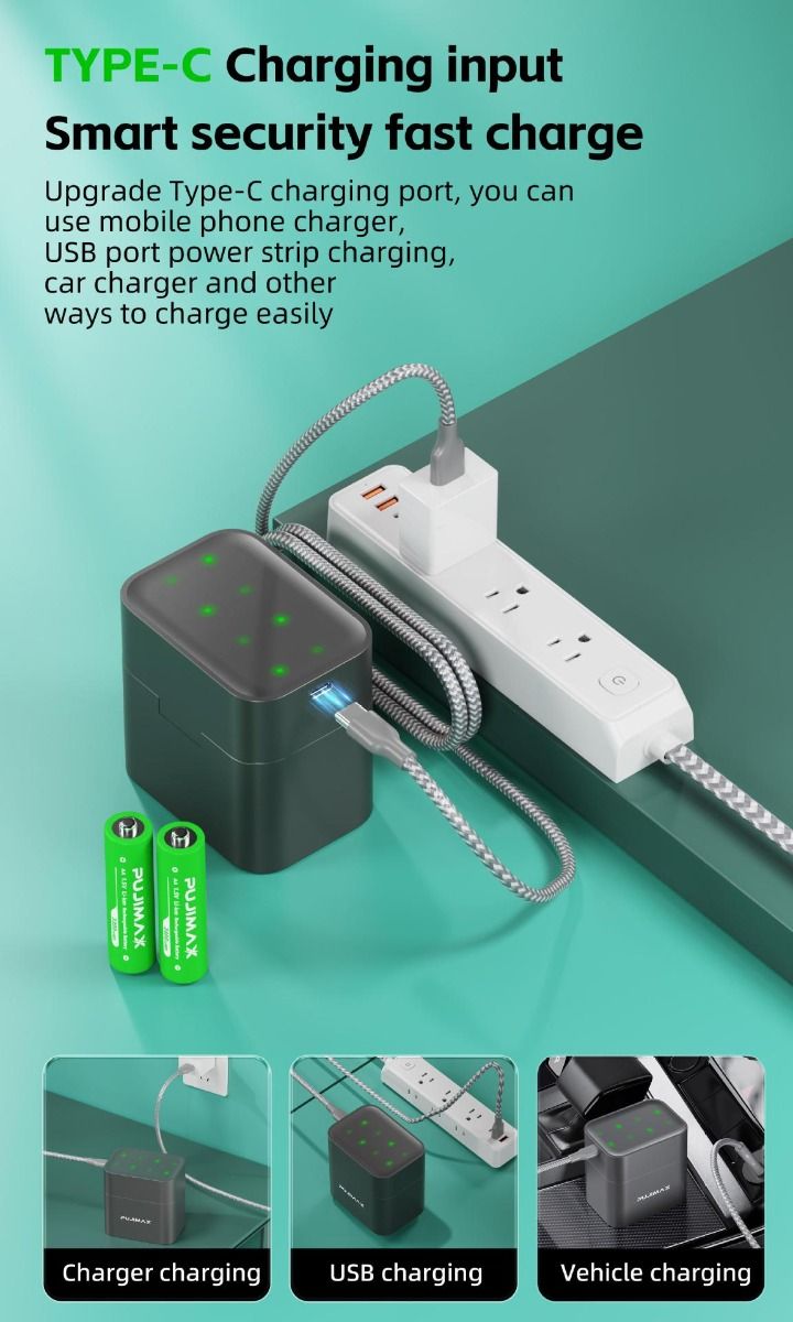 8-vaks oplader met slimme flip-top compartiment en Type-C poort voor efficiënt opladen van AA lithiumbatterijen