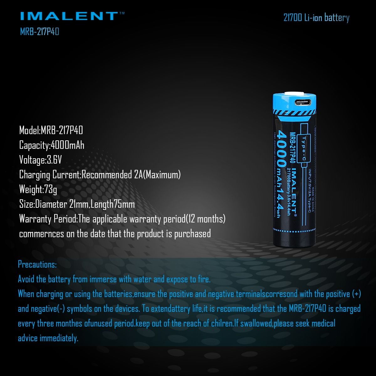 IMALENT MRB-217P40 21700 Accu 4000mAh Type-C Oplaadbaar Hoge Capaciteit voor Zaklampen en Gadgets