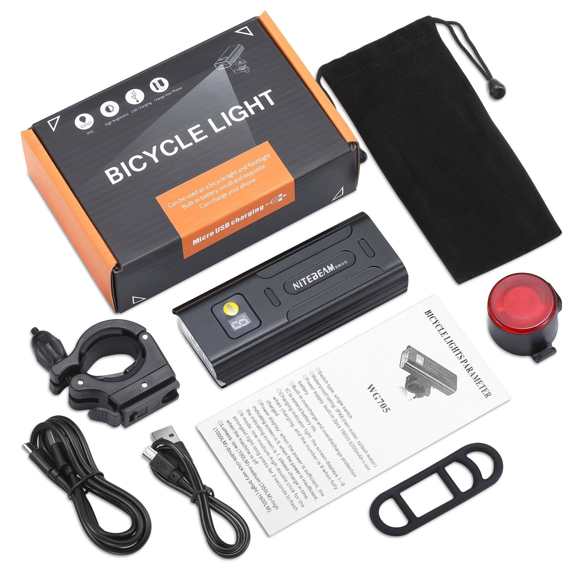 NiteBeam BR05 Fietsverlichting 5000 Lumen USB Oplaadbaar Essentiële Veiligheidsuitrusting voor het Fietsen met Powerbankfunctionaliteit