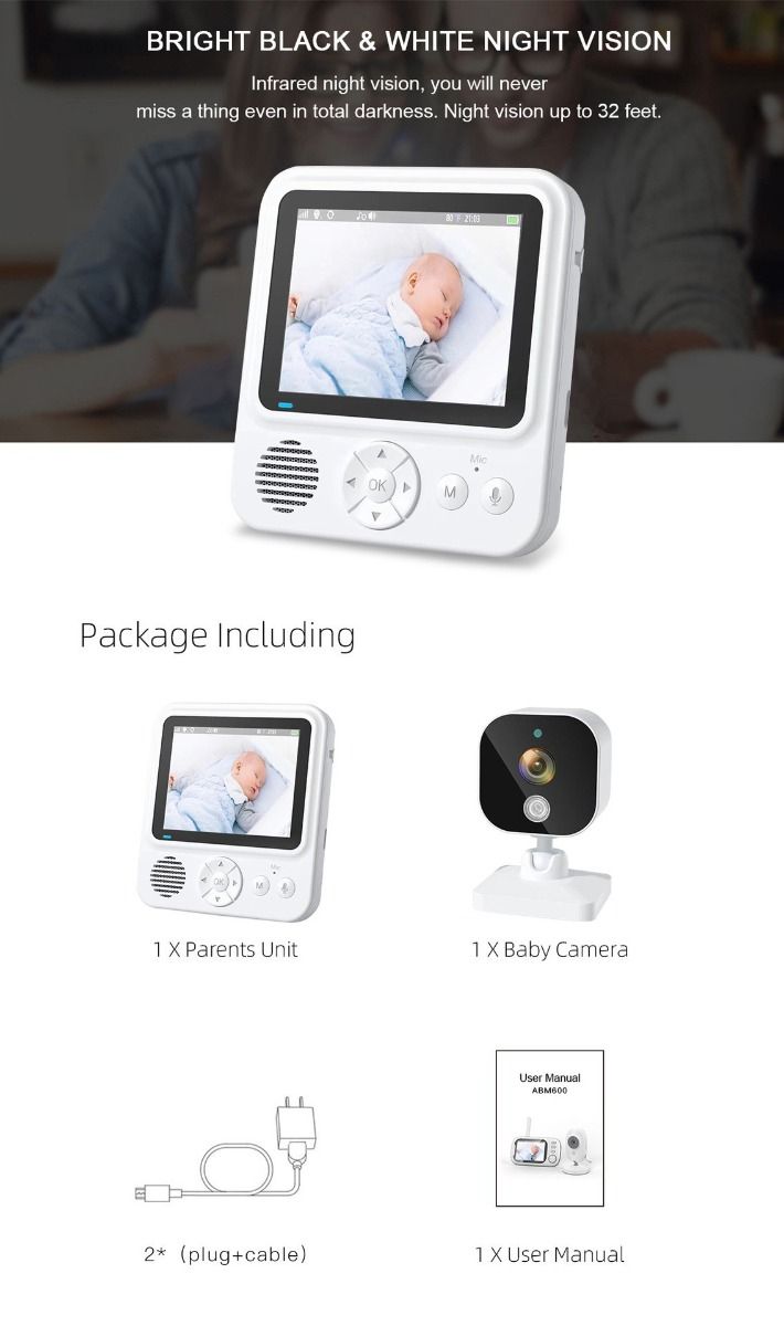 Ervaar gemoedsrust met de AMB900 2.8 inch videobabymonitor met 720P HD nachtzicht en tweerichtingsintercom.