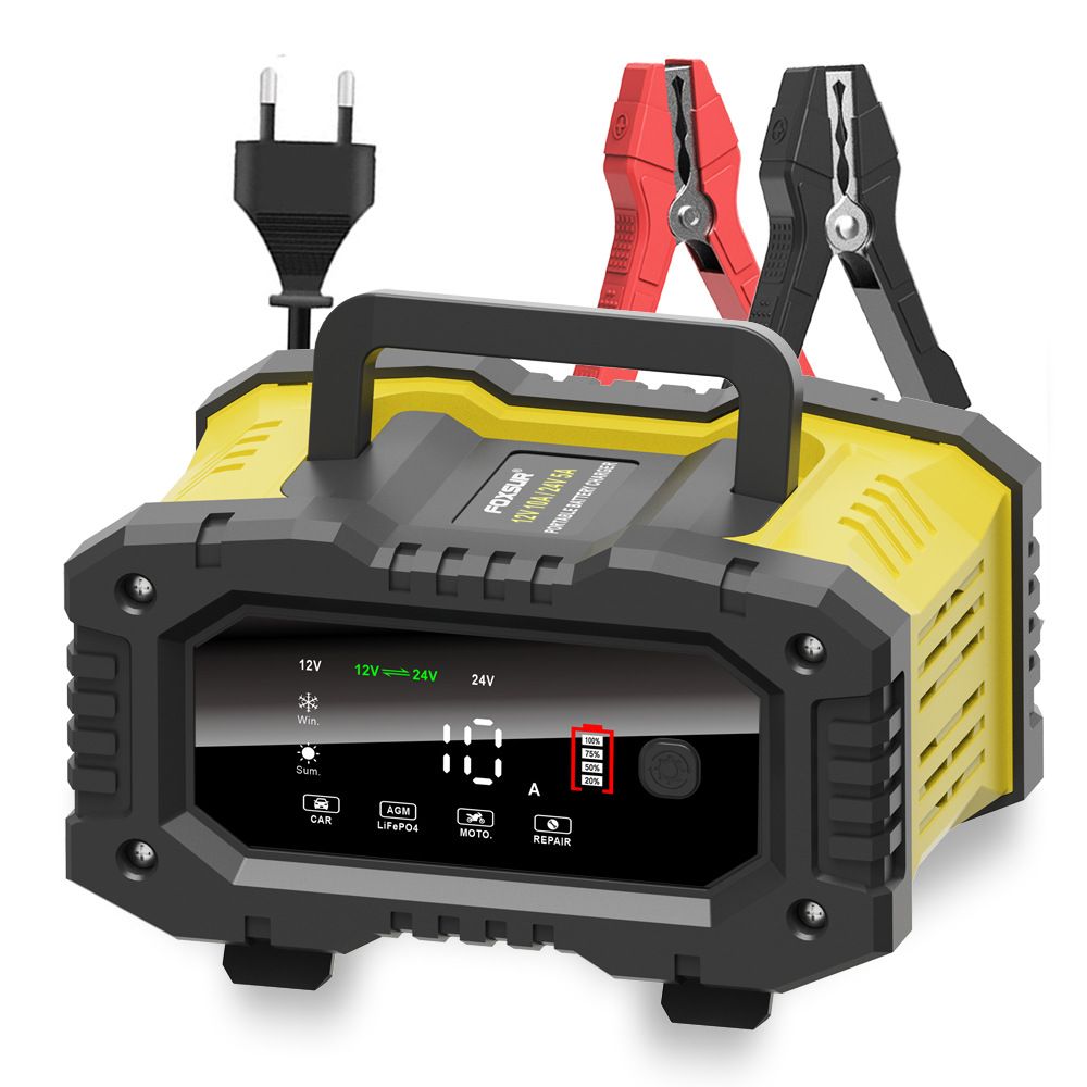 FOXSUR Draagbare autobatterijlader 12V 24V Veelzijdige lader voor AGM, LiFePO4, loodzuur, motorfiets en vrachtwagen