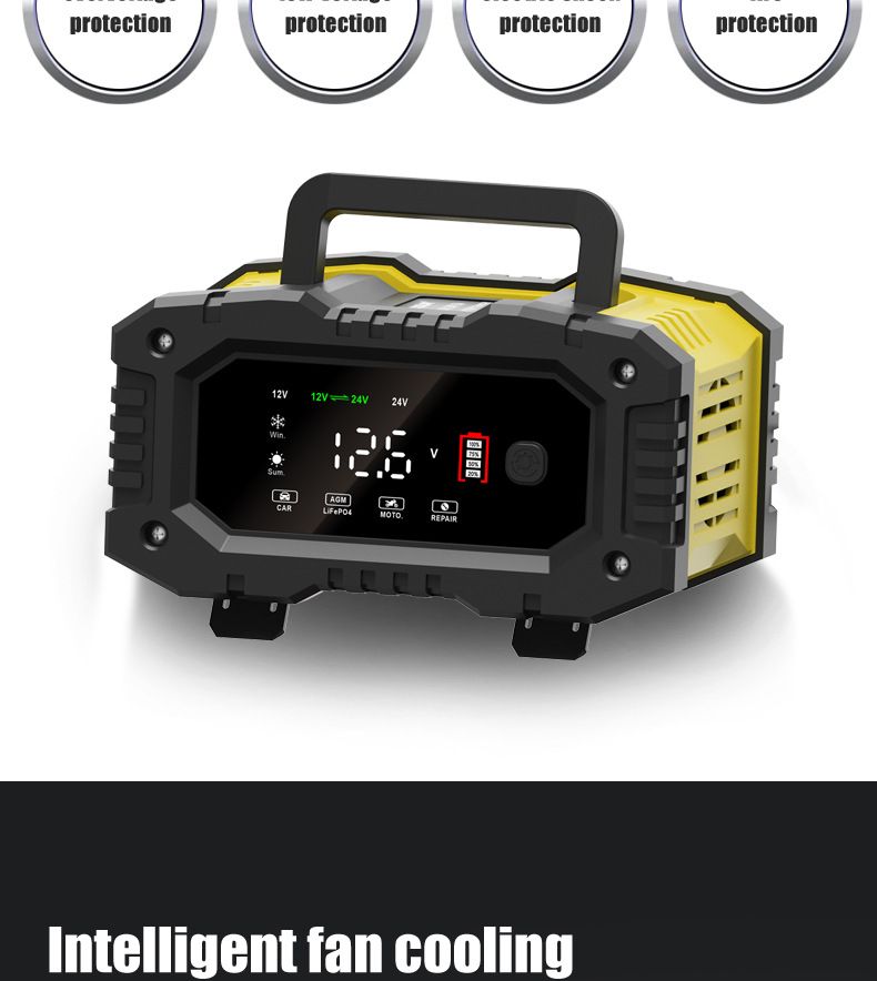 FOXSUR Draagbare autobatterijlader 12V 24V Veelzijdige lader voor AGM, LiFePO4, loodzuur, motorfiets en vrachtwagen