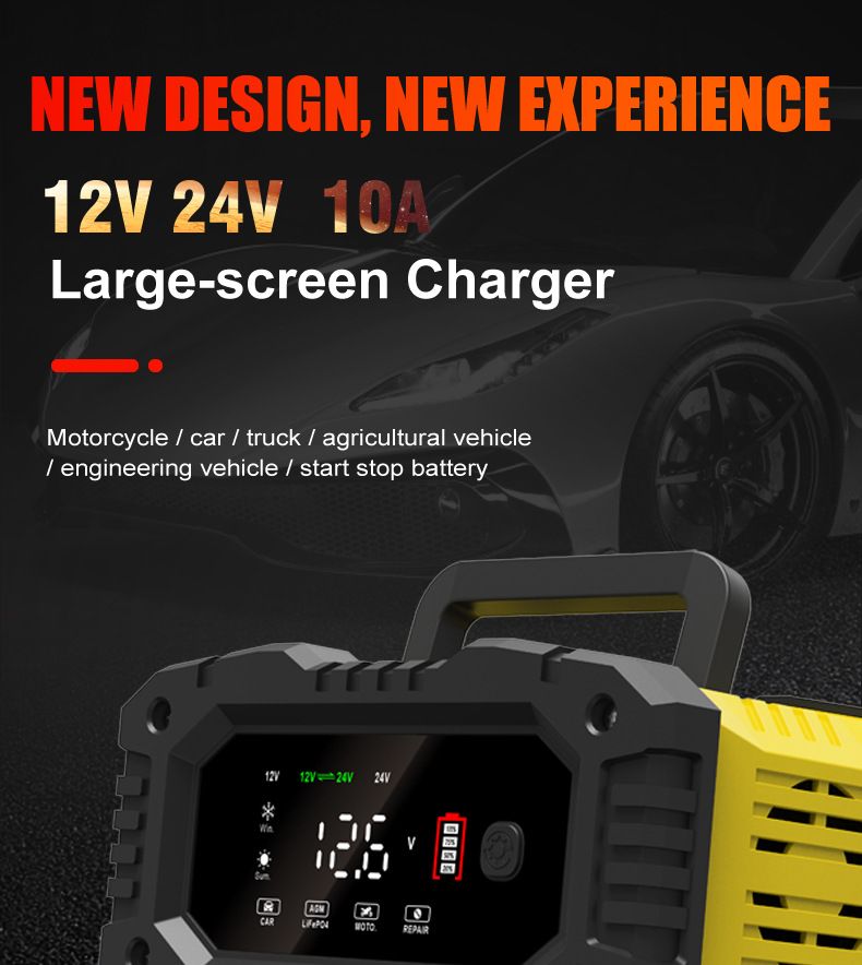 FOXSUR Draagbare autobatterijlader 12V 24V Veelzijdige lader voor AGM, LiFePO4, loodzuur, motorfiets en vrachtwagen