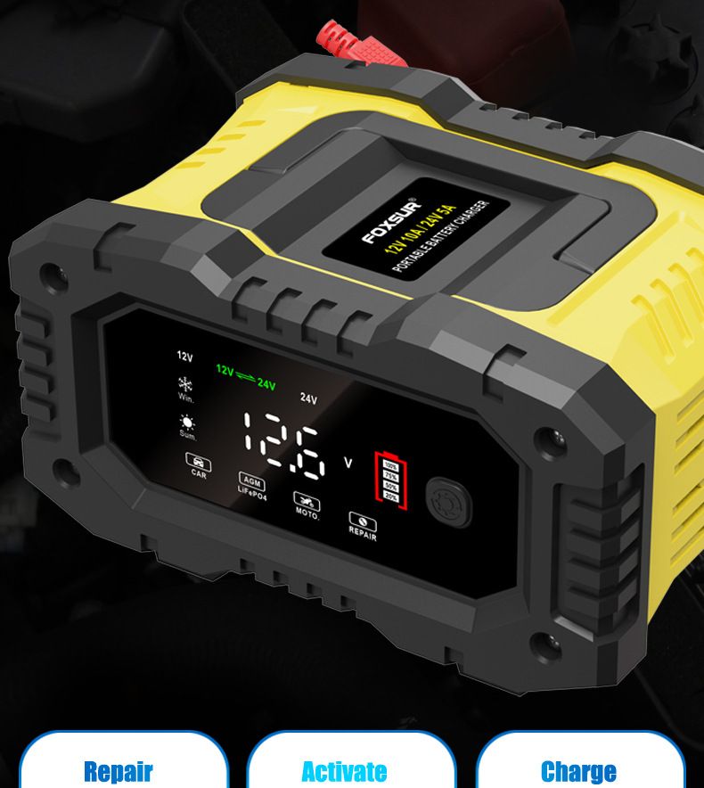 FOXSUR Draagbare autobatterijlader 12V 24V Veelzijdige lader voor AGM, LiFePO4, loodzuur, motorfiets en vrachtwagen