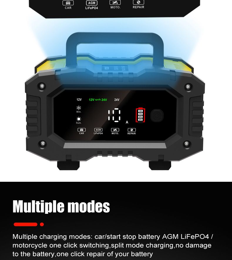 FOXSUR Draagbare autobatterijlader 12V 24V Veelzijdige lader voor AGM, LiFePO4, loodzuur, motorfiets en vrachtwagen