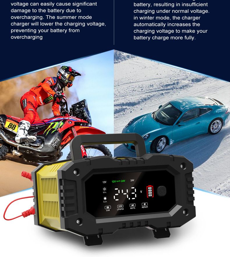 FOXSUR Draagbare autobatterijlader 12V 24V Veelzijdige lader voor AGM, LiFePO4, loodzuur, motorfiets en vrachtwagen