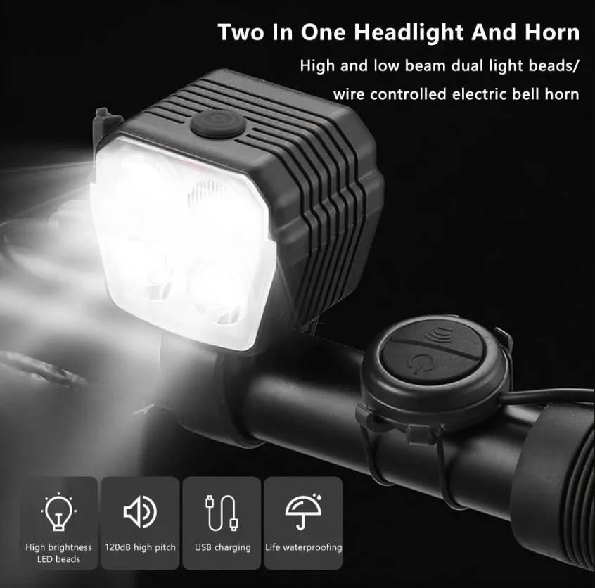 Fietskoplamp Hoorn 2-in-1 MTB Fiets Dim- en Grootlicht 2/4 Lamp Kralendraad Bediening Bel Hoorn Fietsaccessoires