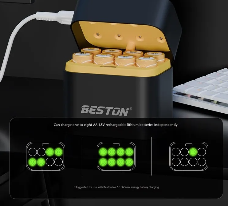 Beston Slimme Acculader 8 Vakken AA met 3600mWh 1.5V Oplaadbare Lithiumbatterij Snel Ladende Acculader Set