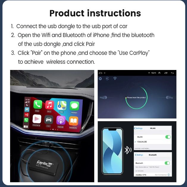 CarlinKit USB CarPlay-dongle voor draadloze verbinding met Android Auto, eenvoudige installatie, handsfree bellen en muziek.