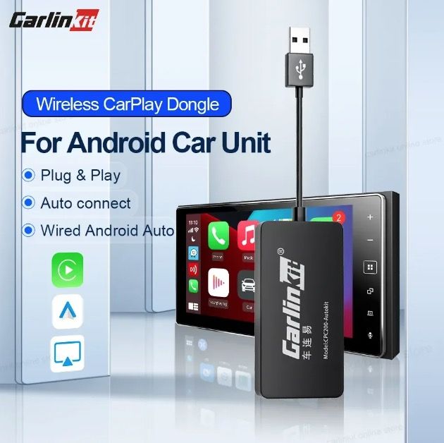 CarlinKit USB CarPlay-dongle voor draadloze verbinding met Android Auto, eenvoudige installatie, handsfree bellen en muziek.