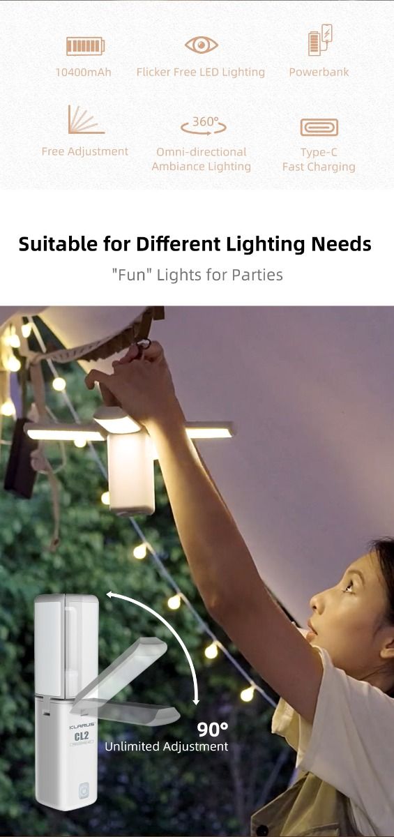 Klarus CL2 750 Lumen Vrij Vouwbaar Oogverzorgend Campinglamp 7 Lichtmodi Verstelbare Hoek voor Binnen Buiten