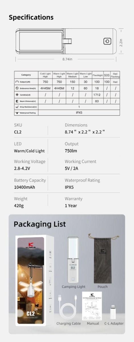Klarus CL2 750 Lumen Vrij Vouwbaar Oogverzorgend Campinglamp 7 Lichtmodi Verstelbare Hoek voor Binnen Buiten