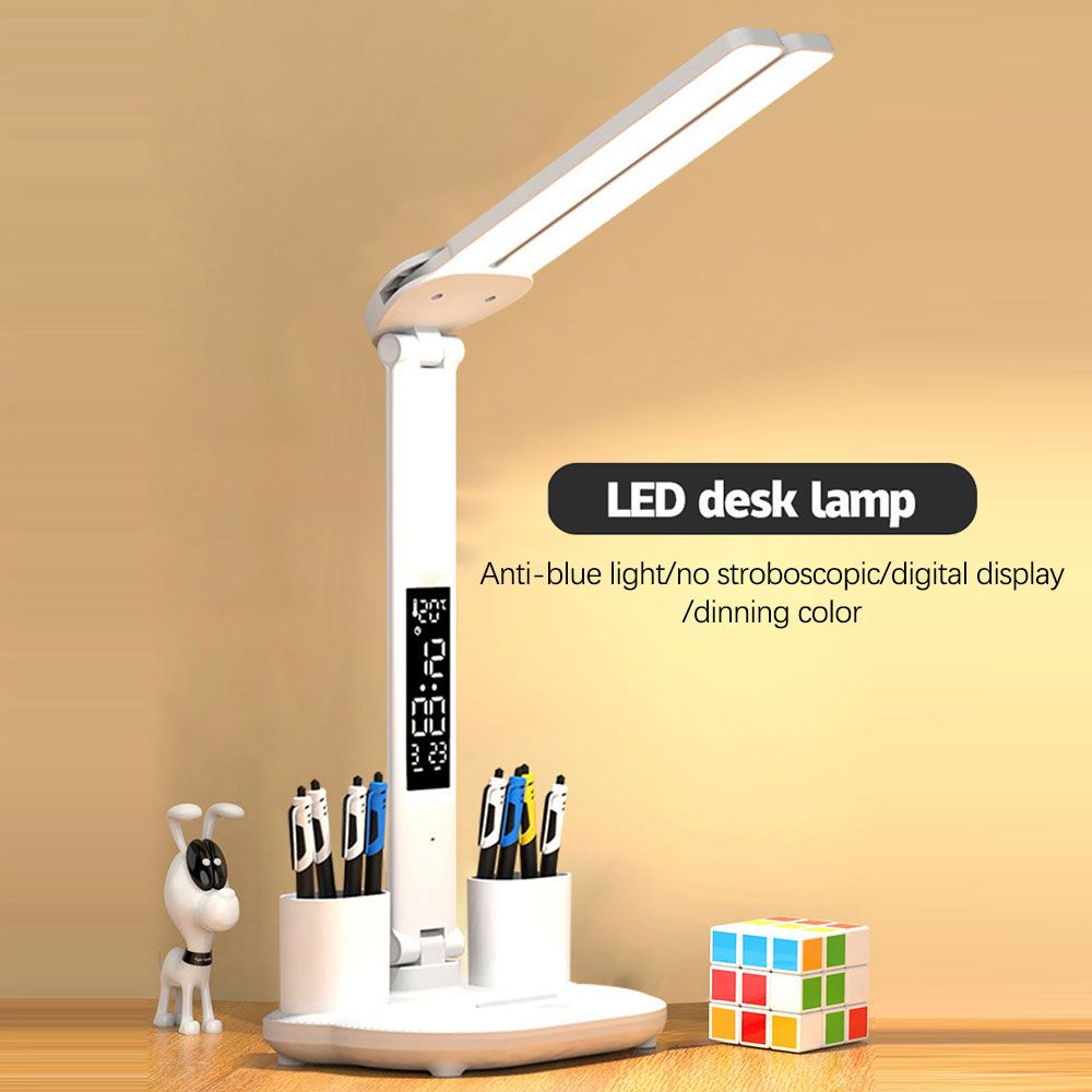 LED-bureaulamp met pennenhouder, ingebouwde kalender, instelbare helderheid en oogbescherming voor thuis en kantoor