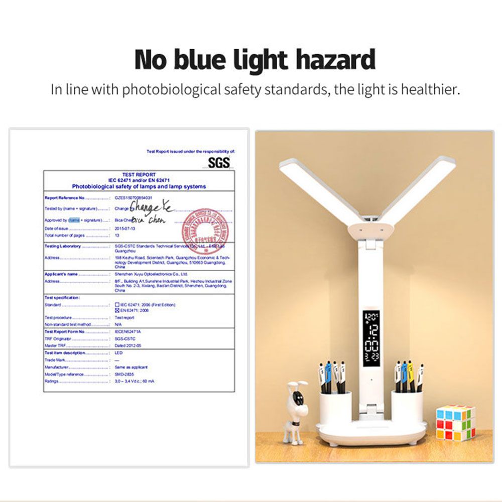 LED-bureaulamp met pennenhouder, ingebouwde kalender, instelbare helderheid en oogbescherming voor thuis en kantoor