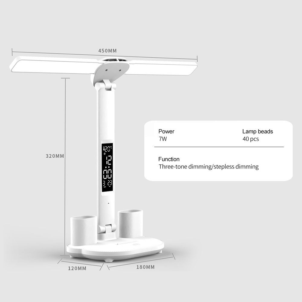 LED-bureaulamp met pennenhouder, ingebouwde kalender, instelbare helderheid en oogbescherming voor thuis en kantoor