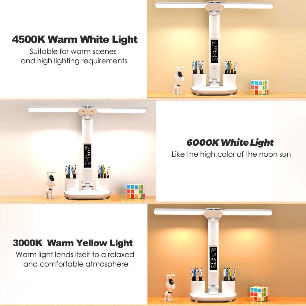 LED-bureaulamp met pennenhouder, ingebouwde kalender, instelbare helderheid en oogbescherming voor thuis en kantoor