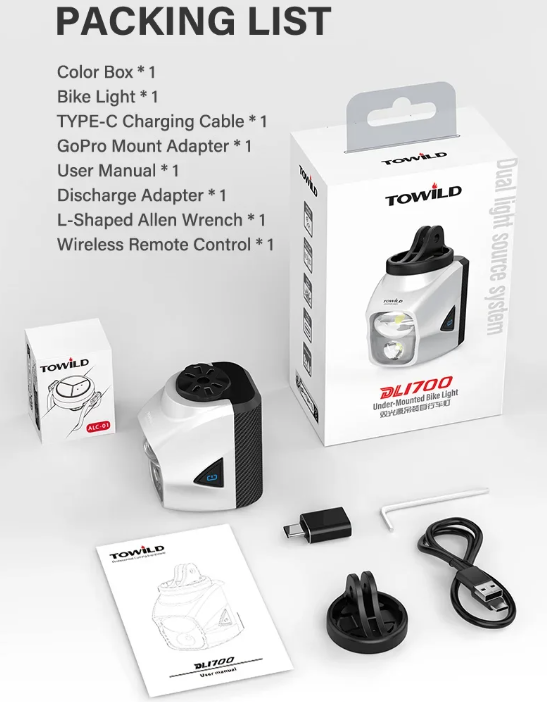 TOWILD DLite 1700 USB oplaadbaar fietslamp 1900 lumen waterdichte koplamp fietsen DL1700 fietsverlichting