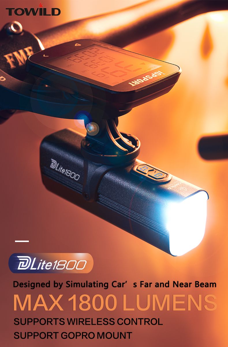 TOWILD DLite 1800 USB oplaadbaar fietslamp 2100 lumen waterdichte koplamp fietsveiligheid 5000mAh accu