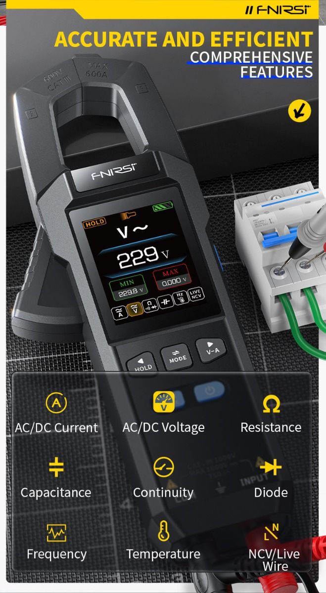 FNIRSI DMC-100 Stroomtang Multimeter, Volledig Automatisch, Intelligent, Hoge Precisie, Universele Meter, Meet NCV, AC/DC Spanning en Stroom, Continuïteit, Capaciteit, Diode, Weerstand, Temperatuur