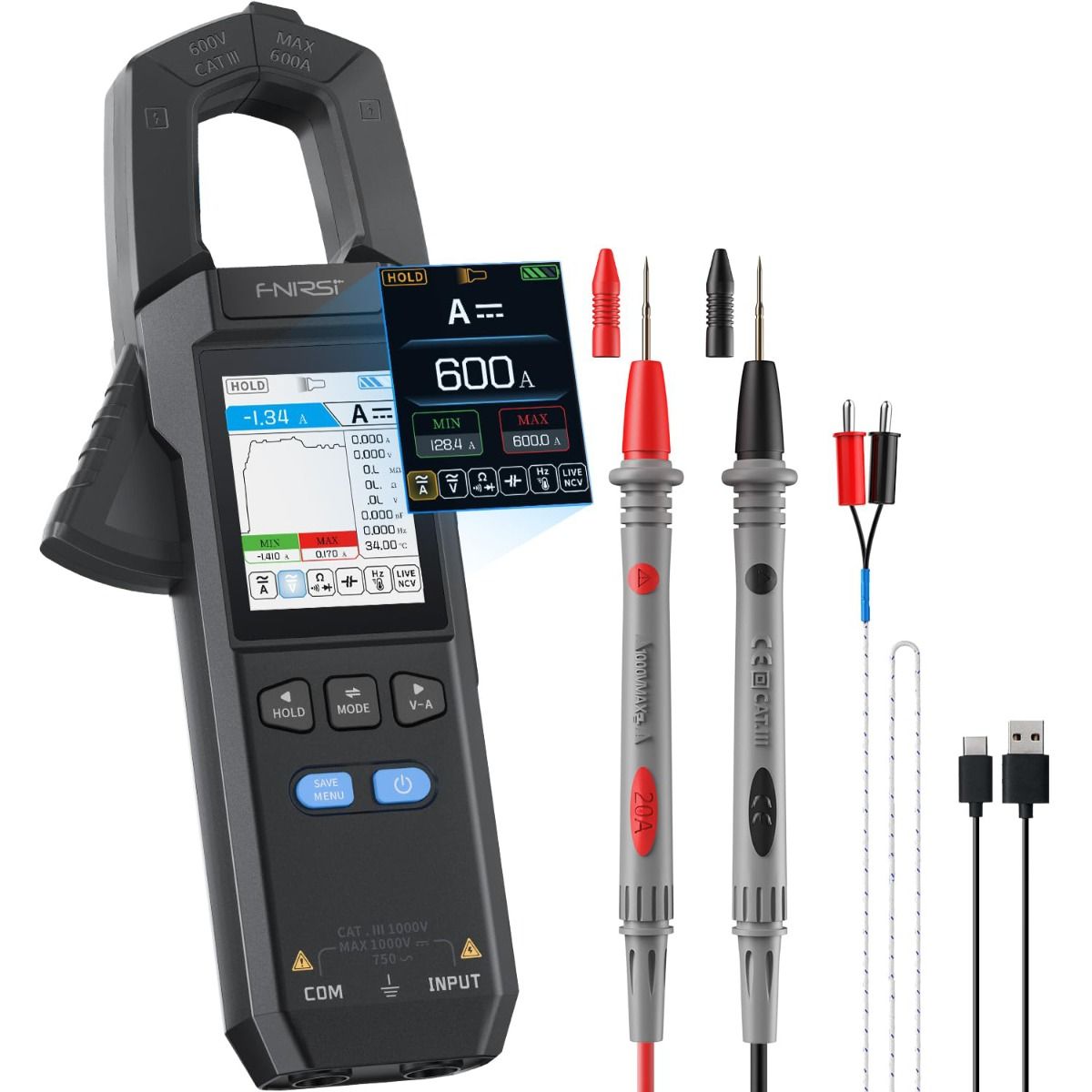 FNIRSI DMC-100 Stroomtang Multimeter, Volledig Automatisch, Intelligent, Hoge Precisie, Universele Meter, Meet NCV, AC/DC Spanning en Stroom, Continuïteit, Capaciteit, Diode, Weerstand, Temperatuur