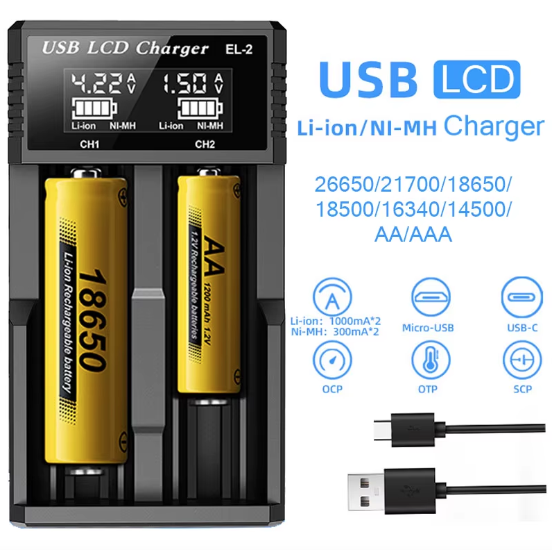 USB LCD slimme batterijlader, efficiënte lader voor 18650 AA AAA-batterijen met LCD-scherm, veelzijdig en draagbaar