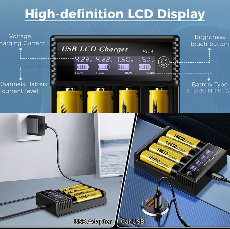 USB LCD slimme batterijlader, efficiënte lader voor 18650 AA AAA-batterijen met LCD-scherm, veelzijdig en draagbaar