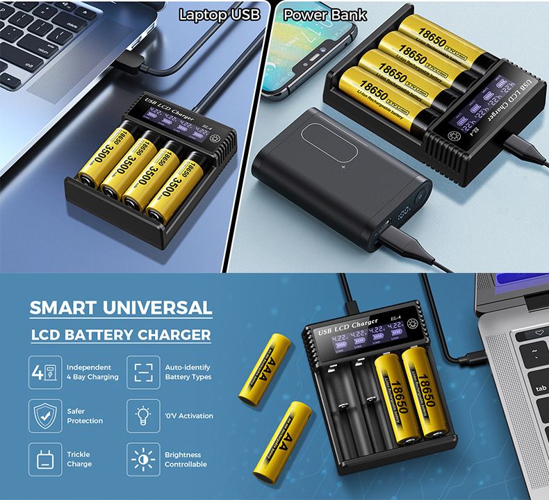 USB LCD slimme batterijlader, efficiënte lader voor 18650 AA AAA-batterijen met LCD-scherm, veelzijdig en draagbaar