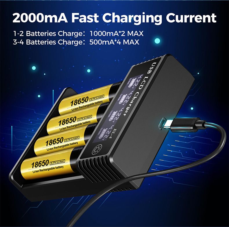 USB LCD slimme batterijlader, efficiënte lader voor 18650 AA AAA-batterijen met LCD-scherm, veelzijdig en draagbaar