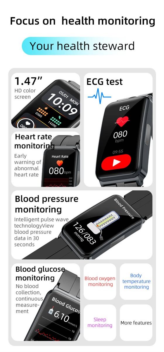 EP01 Slimme Bloedsuiker Horloge: ECG, HRV, Hartslag, Temp. 1.47" HD Waterdichte Fitnesstracker