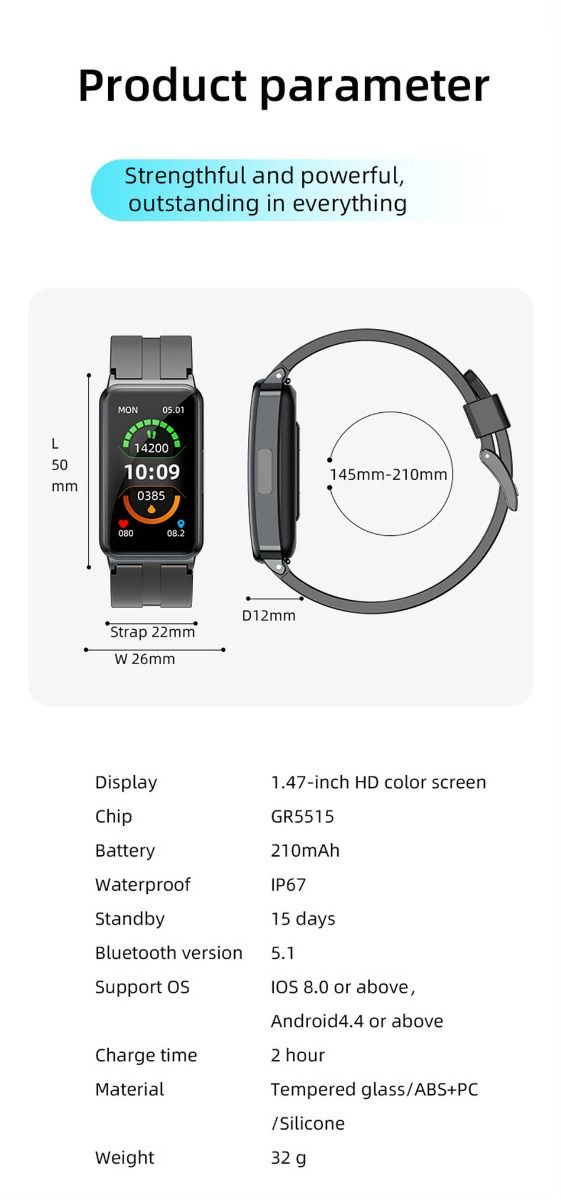 EP01 Slimme Bloedsuiker Horloge: ECG, HRV, Hartslag, Temp. 1.47" HD Waterdichte Fitnesstracker