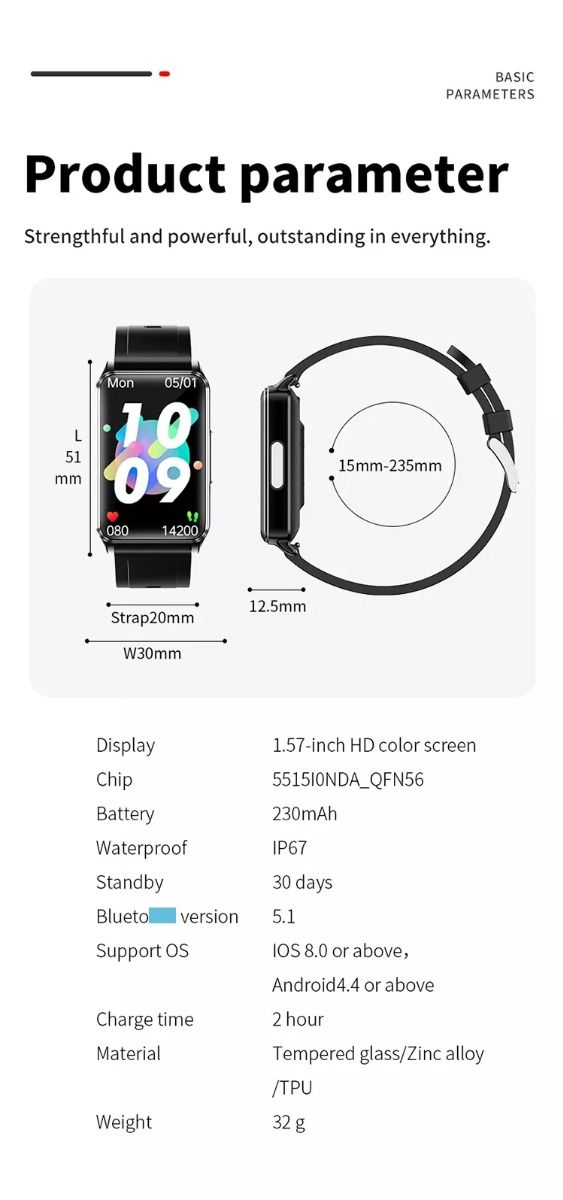 EP02 Bloedglucose Smartwatch ECG HRV hartslag temperatuur 1.57-inch HD waterdichte Smart Armband Fitness Tracker