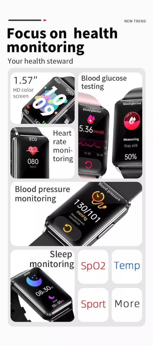 EP02 Bloedglucose Smartwatch ECG HRV hartslag temperatuur 1.57-inch HD waterdichte Smart Armband Fitness Tracker