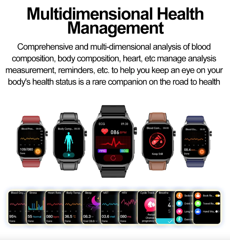 E580 Bloedglucose Smartwatch: ECG, Hartslag, Bloeddruk, IP68. Jouw Gezondheidsbewaker & Welzijn!