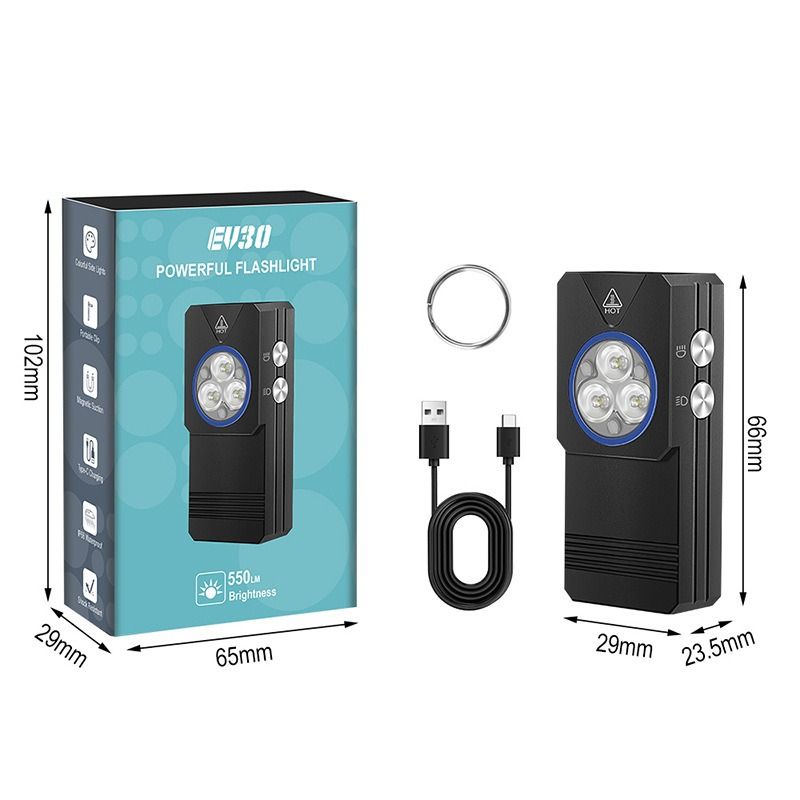 EV30 Mini LED EDC Zaklamp met 365nm UV-licht, 550 Lumen, USB-C oplaadbare sleutelhanger zaklamp