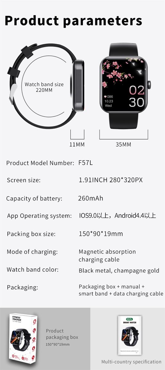F57L Smartwatch Bloedglucose Bloeddruk Hartslag Temperatuurmonitoring Sportmonitoring 1.91 Inch Sn