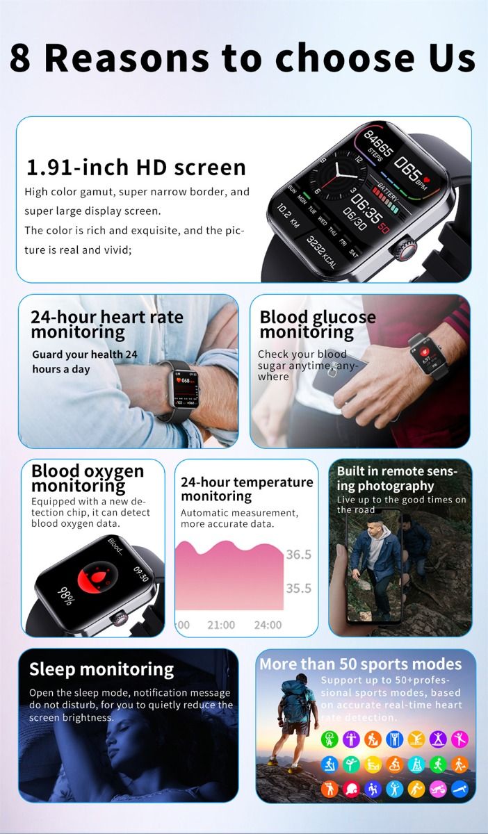 F57L Smartwatch Bloedglucose Bloeddruk Hartslag Temperatuurmonitoring Sportmonitoring 1.91 Inch Sn