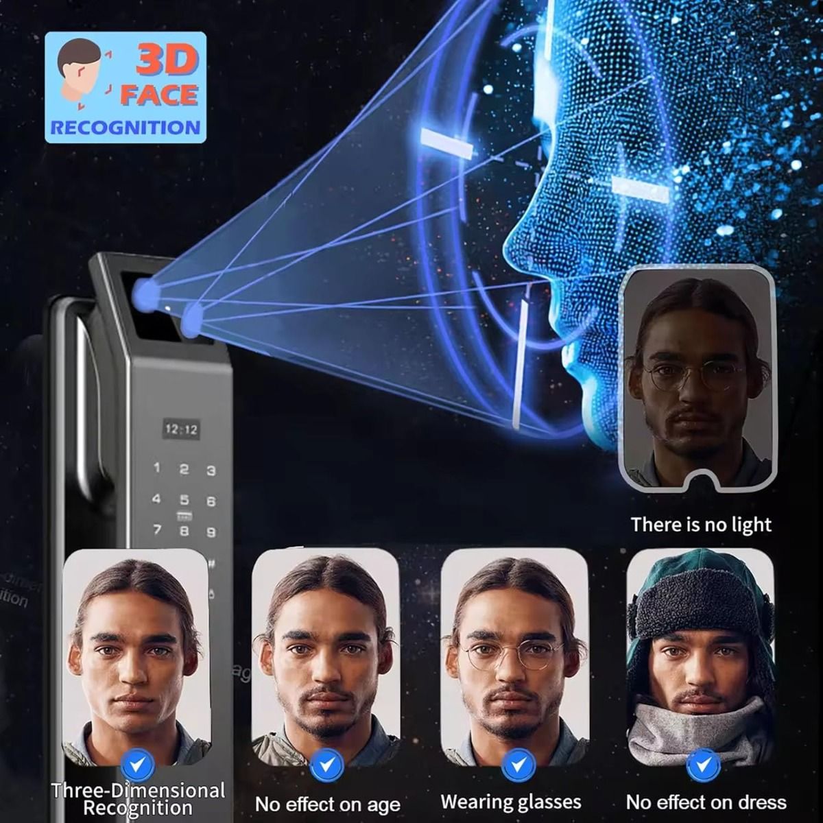 3D-gezichtsherkenning ontgrendel digitaal deurslot met camera vingerafdruk wachtwoord ontgrendel sleutelloos elektronisch deurslot