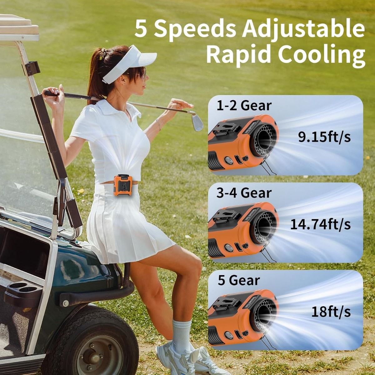 Oplaadbare draagbare heupventilator met clip-on riem