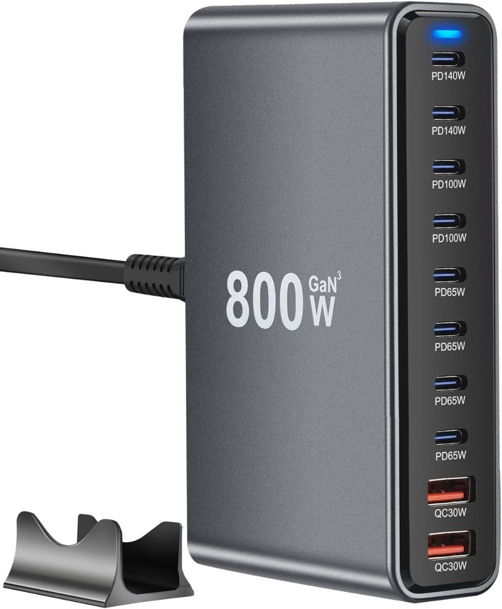 800W USB C snellaadblok, 10-poorts USB laadstation, GaN Ⅲ Pro Dual 140W PD PPS-poortlader compatibel
