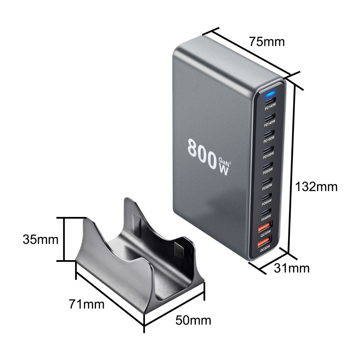 800W USB C snellaadblok, 10-poorts USB laadstation, GaN Ⅲ Pro Dual 140W PD PPS-poortlader compatibel