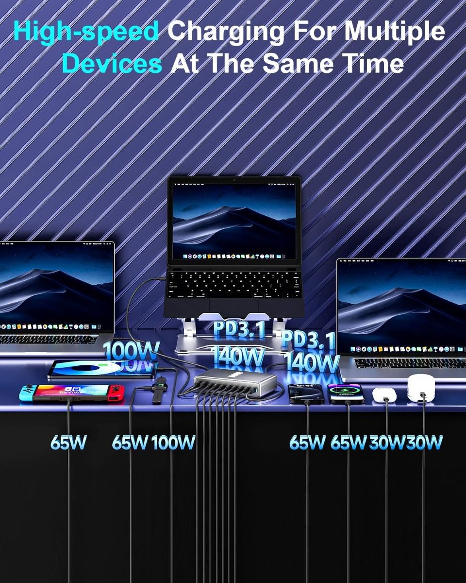 800W USB C snellaadblok, 10-poorts USB laadstation, GaN Ⅲ Pro Dual 140W PD PPS-poortlader compatibel