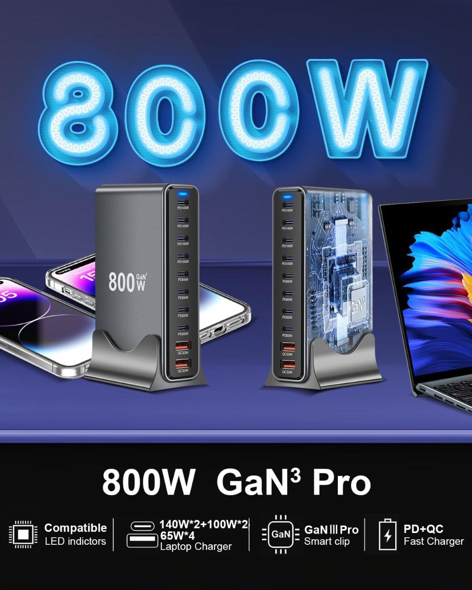 800W USB C snellaadblok, 10-poorts USB laadstation, GaN Ⅲ Pro Dual 140W PD PPS-poortlader compatibel