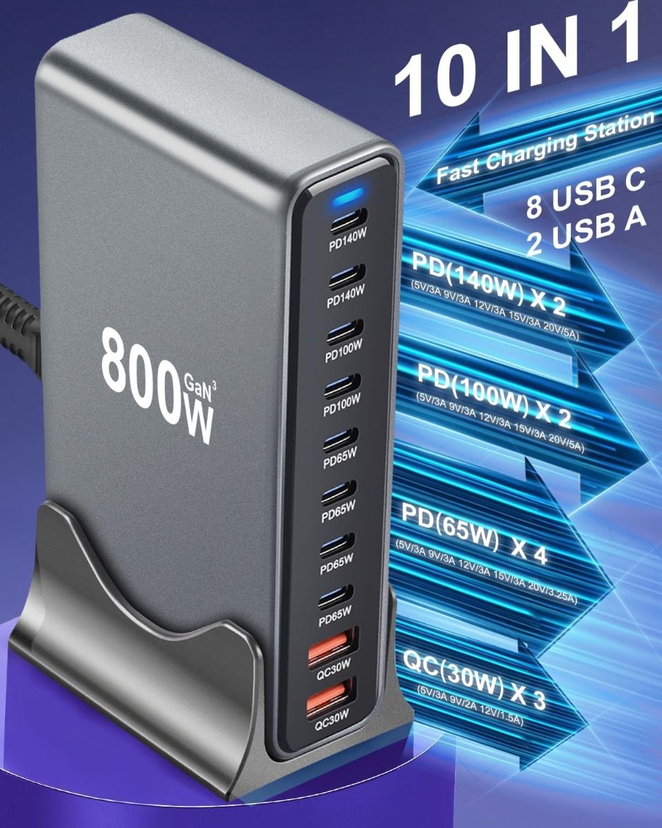 800W USB C snellaadblok, 10-poorts USB laadstation, GaN Ⅲ Pro Dual 140W PD PPS-poortlader compatibel