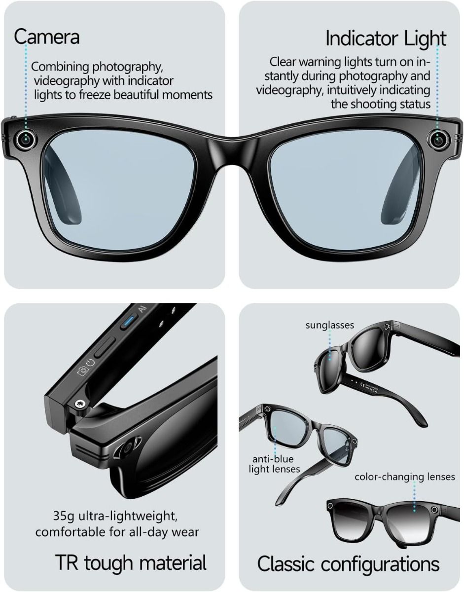 AI Smart Translation Glasses, Smart Glasses met Camera en Bluetooth, AI Glazen voor Oproepen & Muziek, UV-bescherming, Anti-Blauw Licht Bril voor Dagelijks Gebruik