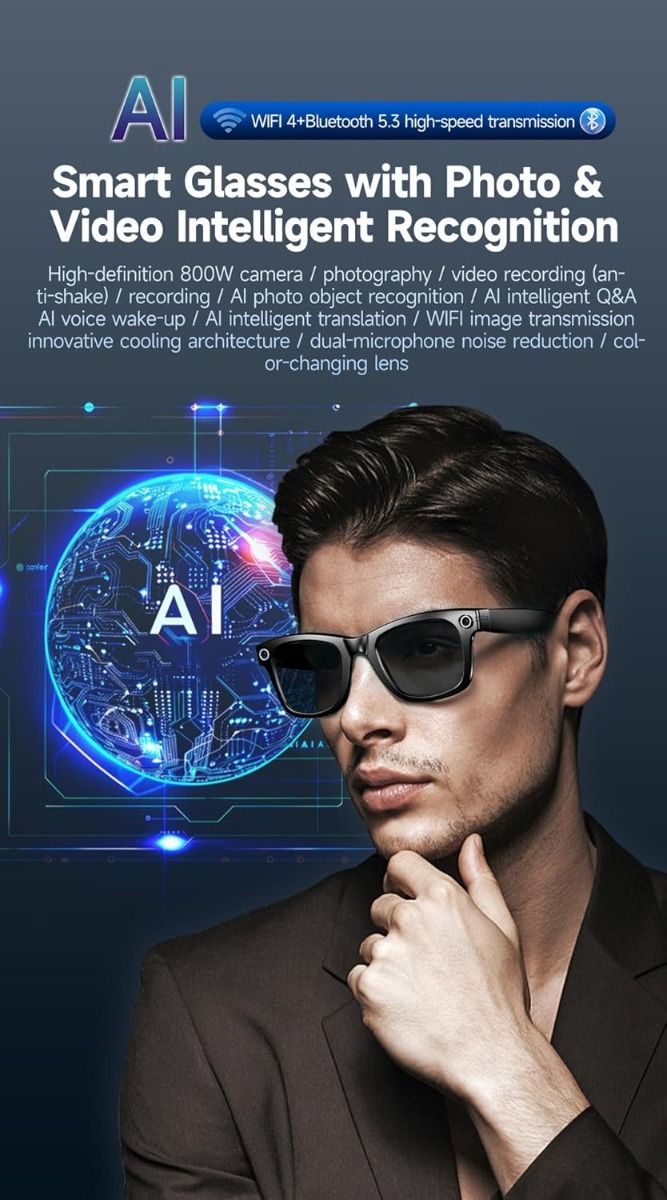 AI Smart Translation Glasses, Smart Glasses met Camera en Bluetooth, AI Glazen voor Oproepen & Muziek, UV-bescherming, Anti-Blauw Licht Bril voor Dagelijks Gebruik