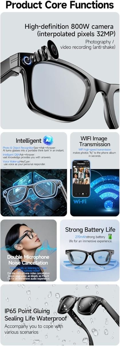 AI Smart Translation Glasses, Smart Glasses met Camera en Bluetooth, AI Glazen voor Oproepen & Muziek, UV-bescherming, Anti-Blauw Licht Bril voor Dagelijks Gebruik