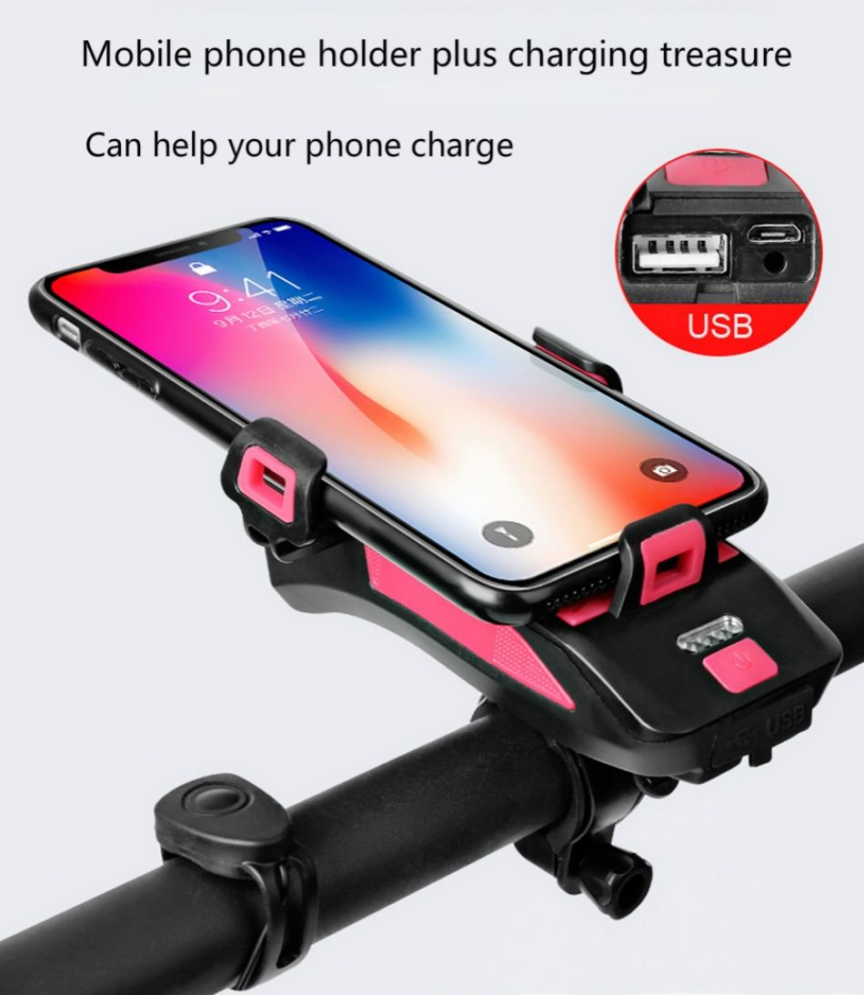 Verbeter uw fietservaring met de multifunctionele 4-in-1 fietslamp van 800 lumen, met zaklamp, fietsbel, telefoonhouder en powerbank.