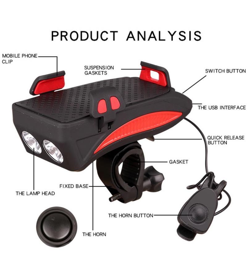 Multifunctionele 4-in-1 MTB-licht, USB-oplaadbare LED-fietskoplamp met hoorn en telefoonhouder, fietsuitrusting