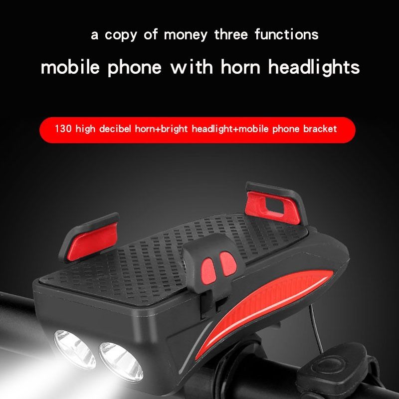 Multifunctionele 4-in-1 MTB-licht, USB-oplaadbare LED-fietskoplamp met hoorn en telefoonhouder, fietsuitrusting